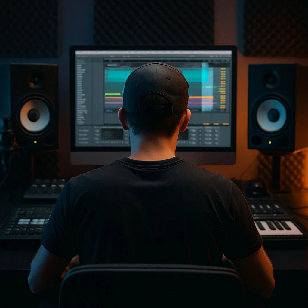 Meticulous sound engineer crafting beats with precision