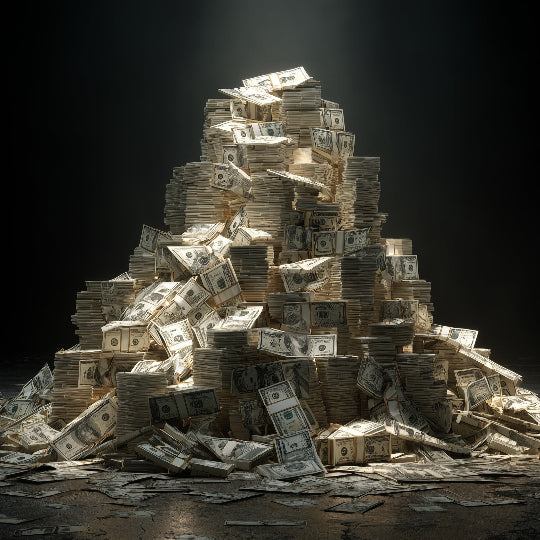 Stack of money floating on water with a dark background