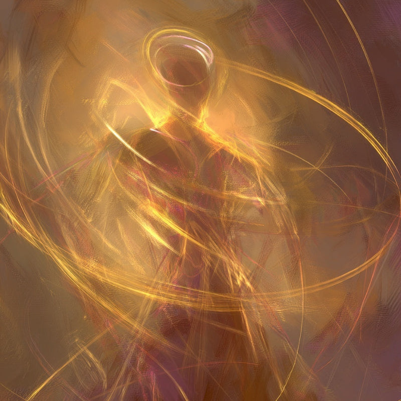 Abstract art with a central figure surrounded by dynamic, glowing lines on a dark background