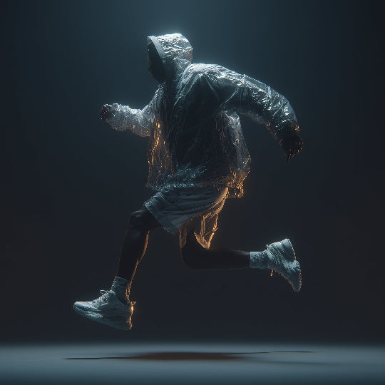 Person in a transparent raincoat running on a dark background
