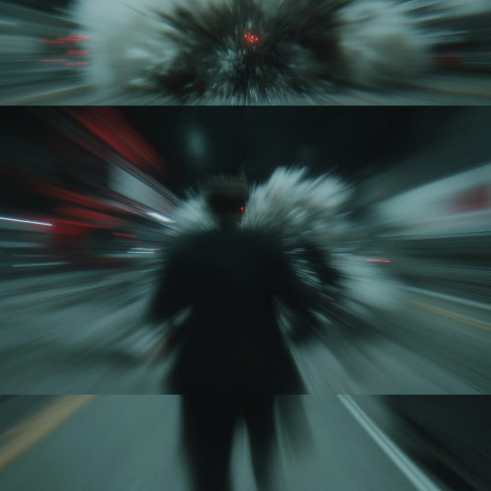 Person in a suit running away from an explosion with a dark background