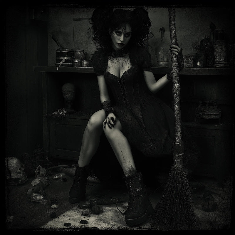 Person in dark attire holding a broomstick in a dimly lit room with shelves and various objects.