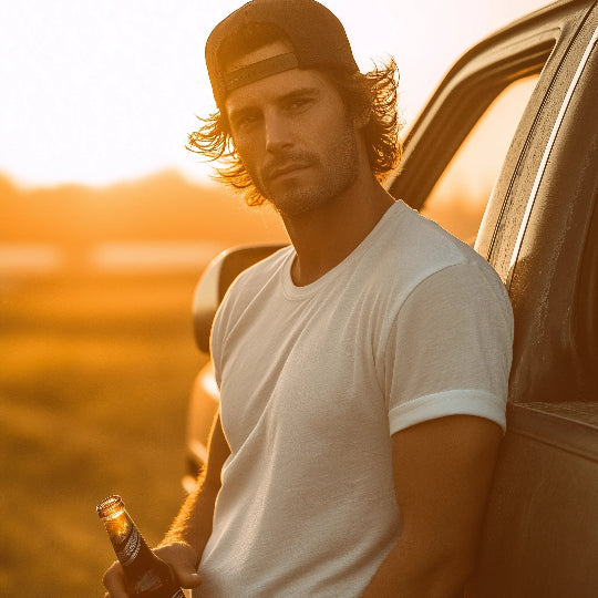 Man leaning against a car holding a beer in a field at sunset