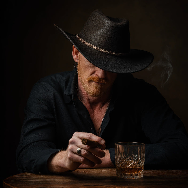 Man in a cowboy hat sitting at a table with a glass of whiskey, smoking a cigarette.