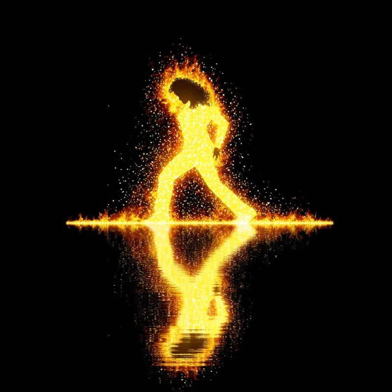 Surreal image of a fiery silhouette of a person with a headless body on water.