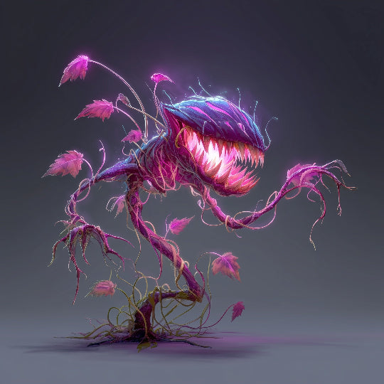 Futuristic plant with glowing pink and purple colors on a dark background