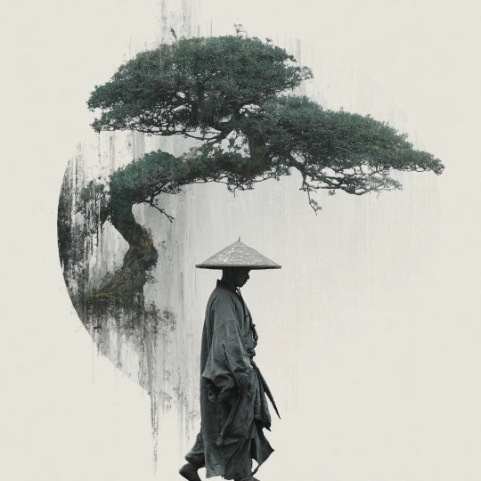 Silhouette of a person with a hat walking next to a tree, with a minimalistic background.