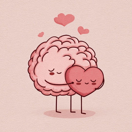 Cartoon brain holding a heart with a pink background