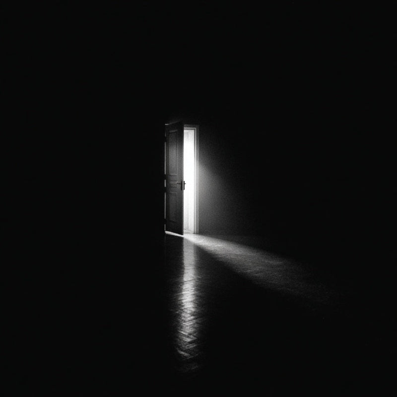 Dark room with a door opening to a bright light