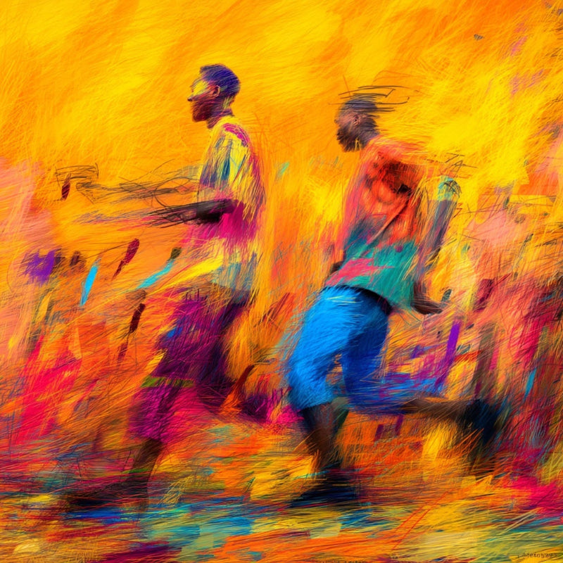 Abstract painting of two figures playing instruments on a vibrant background