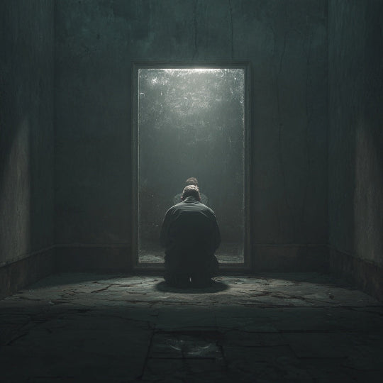 Person sitting in a dark room facing a glowing door
