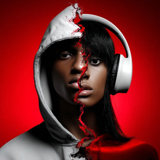 Person wearing a hoodie with a red and white design on a red background