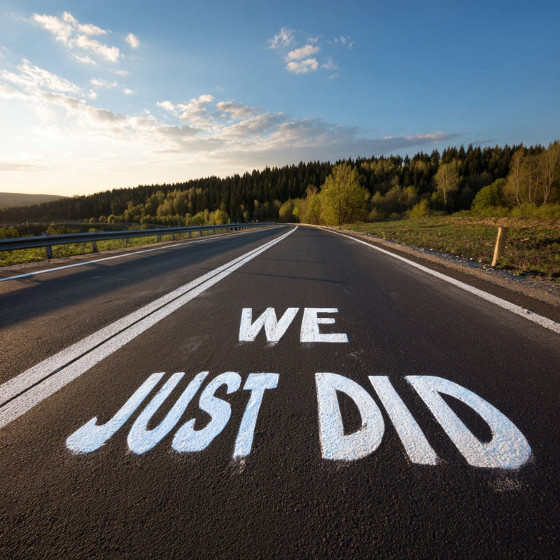 Road with 'WE JUST DID' written on it, surrounded by trees and a clear sky.