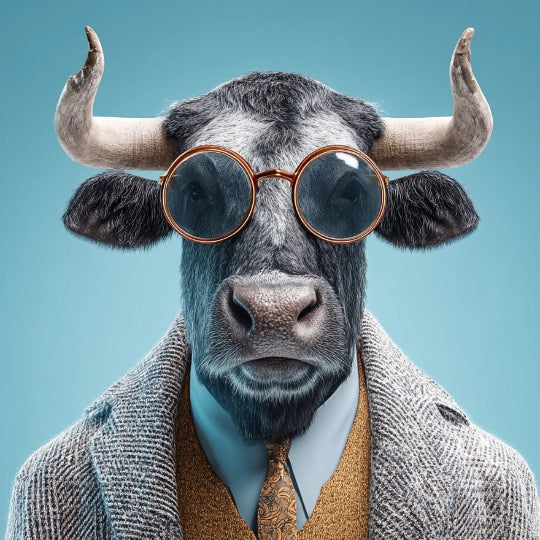 Cow wearing sunglasses and a coat against a blue background
