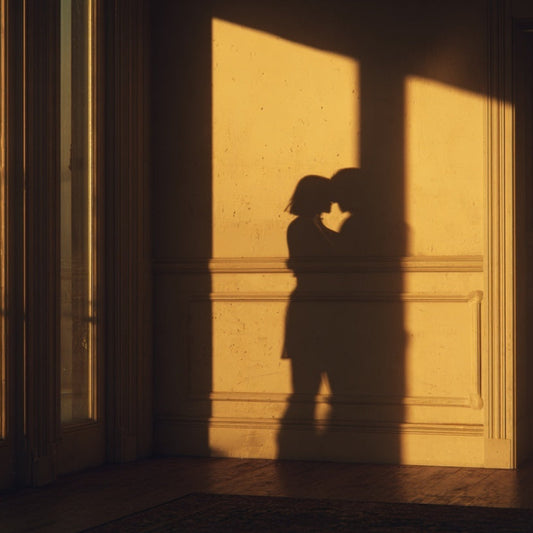 Silhouette of two people embracing in a sunlit room with large windows.