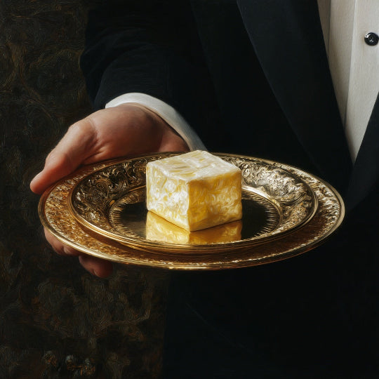Hand holding a gold plate with a block of cheese on a dark background