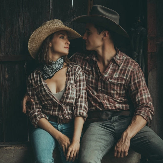 Two people in cowboy attire sitting together in a rustic setting.