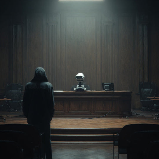 Person in a dark room facing a robot on a wooden desk