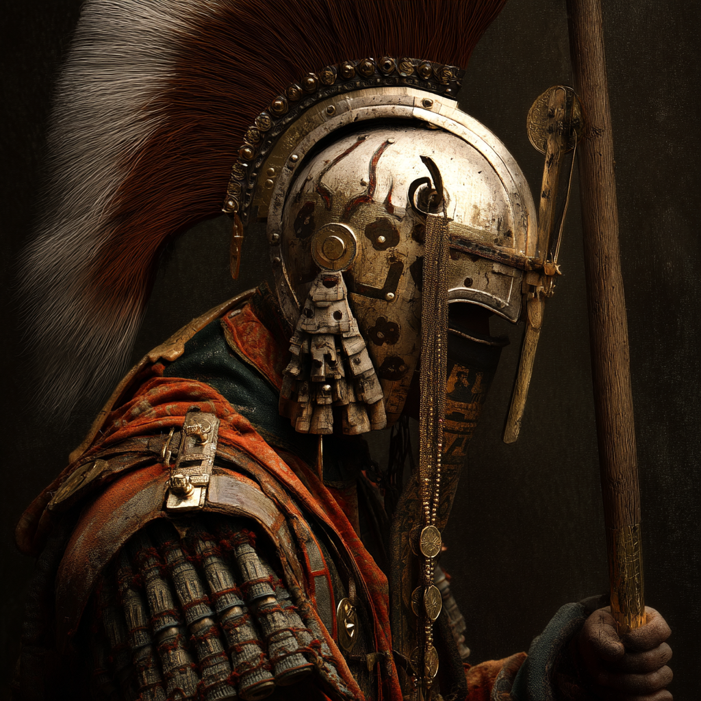 Close-up of a warrior in detailed armor with a spear, against a dark background