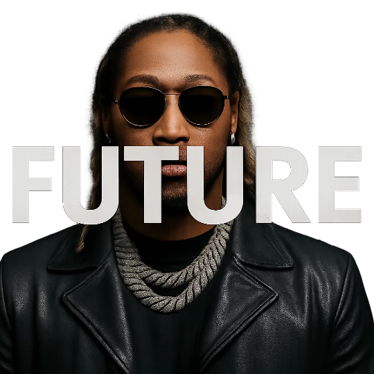 Person wearing sunglasses and a black leather jacket with 'FUTURE' text overlay on a white background