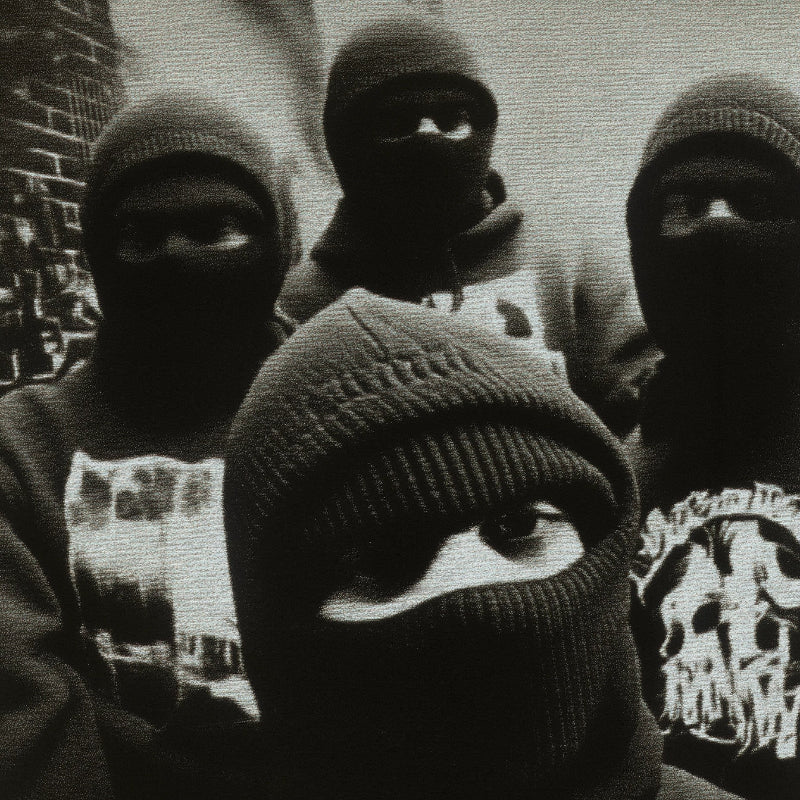 Group of people wearing balaclavas with a brick wall background