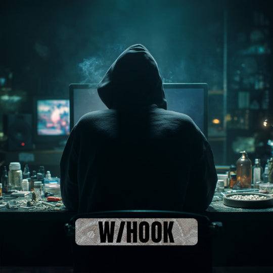 Person in a dark hoodie sitting at a cluttered desk with multiple monitors and bottles, 'W/Hook' logo visible.