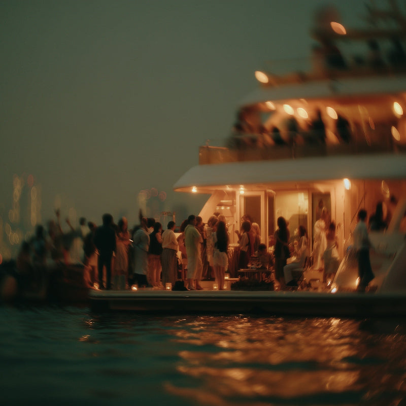 People on a boat at night with city skyline in the background