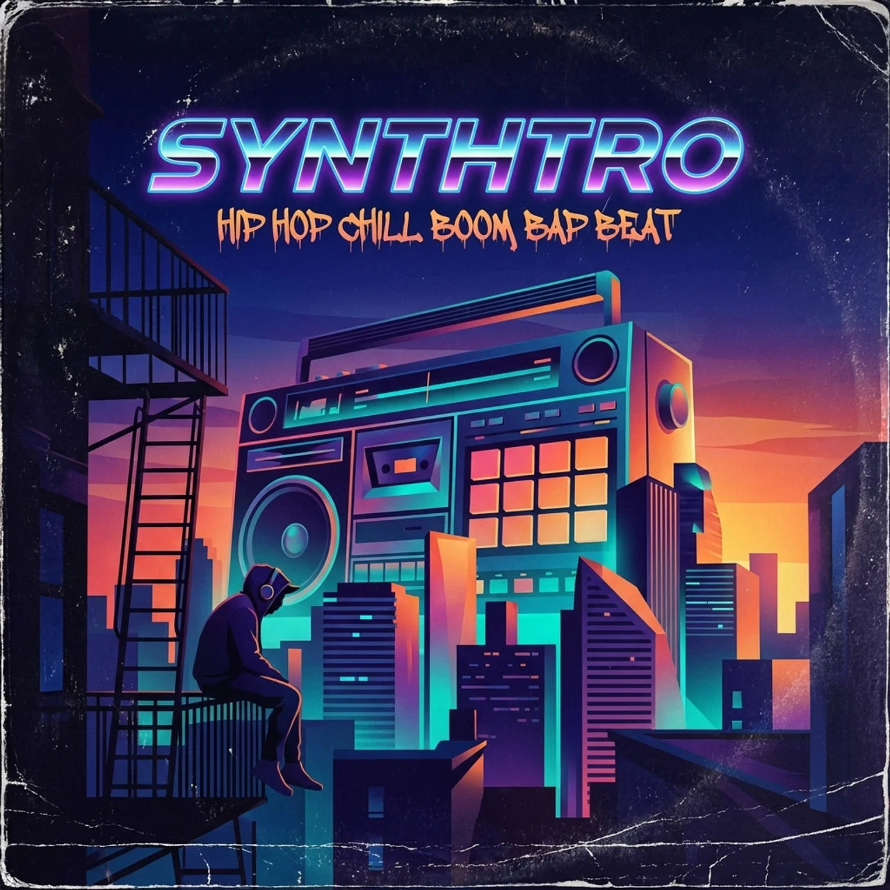 Album cover with a futuristic cityscape, large boombox, and 'Synthtro' text.