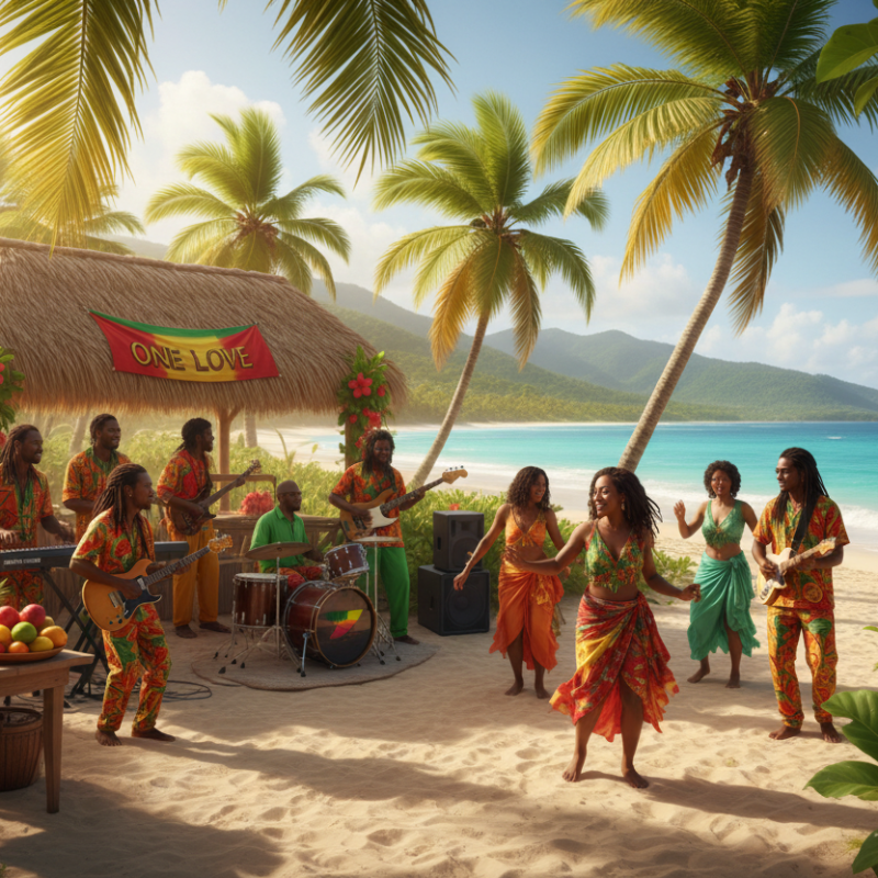 Group of people in colorful outfits performing on a tropical beach with palm trees and a hut.