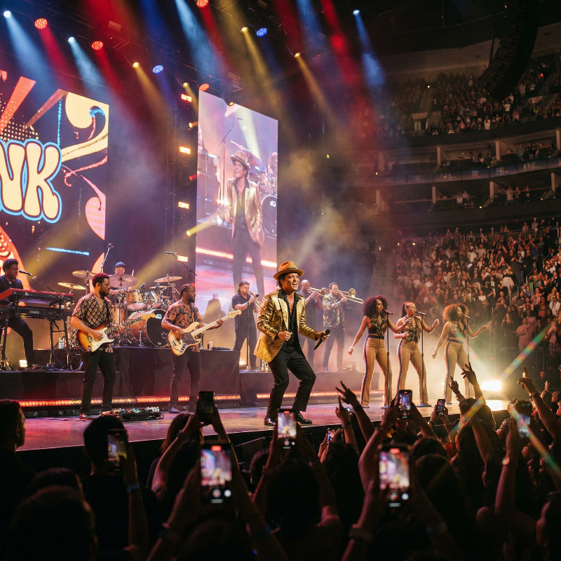 Concert scene with Bruno Mars performing on stage in front of an audience.