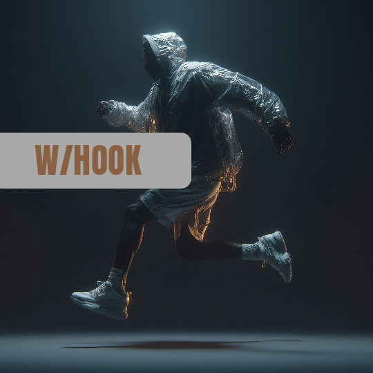 Person in a raincoat and boots running on a dark background with 'W/Hook' text.