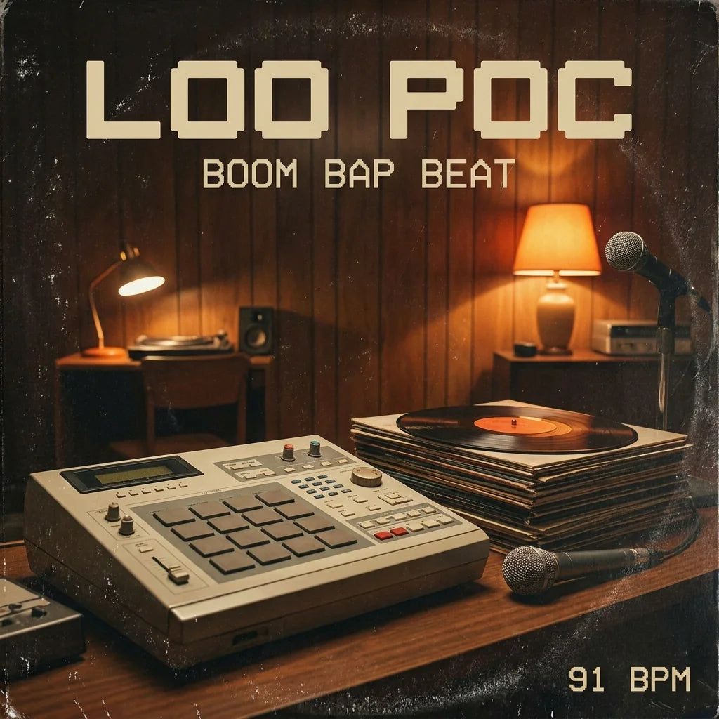Album cover with vintage equipment, vinyl records, and text 'LOO POC BOOM BAP BEAT' on a wooden background.