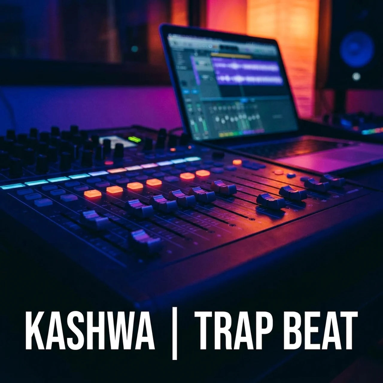 A dimly lit music production scene with a mixing console in the foreground, an open laptop showing audio software, and a speaker in the background, under strong purple and orange lighting. Large white text at the bottom reads 'KASHWA | TRAP BEAT'.