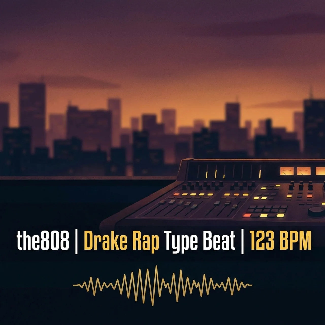 Music beat producer interface with cityscape background and text about 'Drake Rap Type Beat' and BPM.