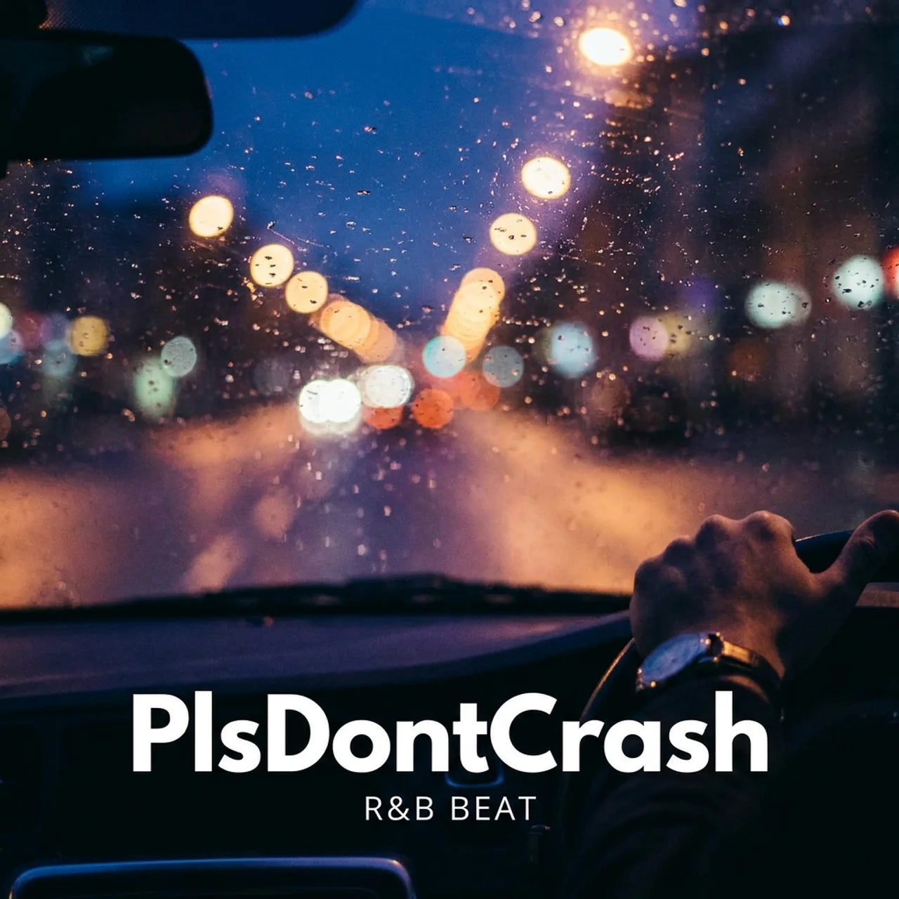 Person driving at night with blurred lights through windshield, 'PlsDon'tCrash' text overlay