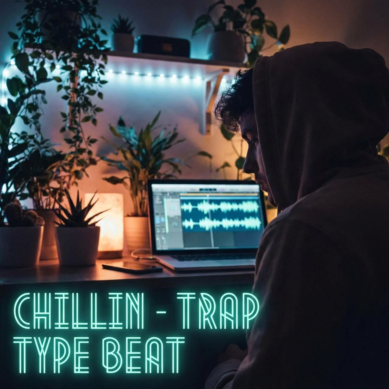 Person working on a laptop with music production software in a dimly lit room with plants.