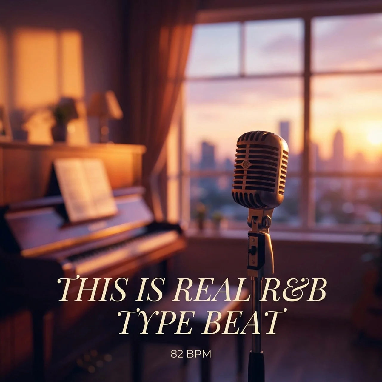 Vintage microphone in front of a piano with a cityscape view during sunset.