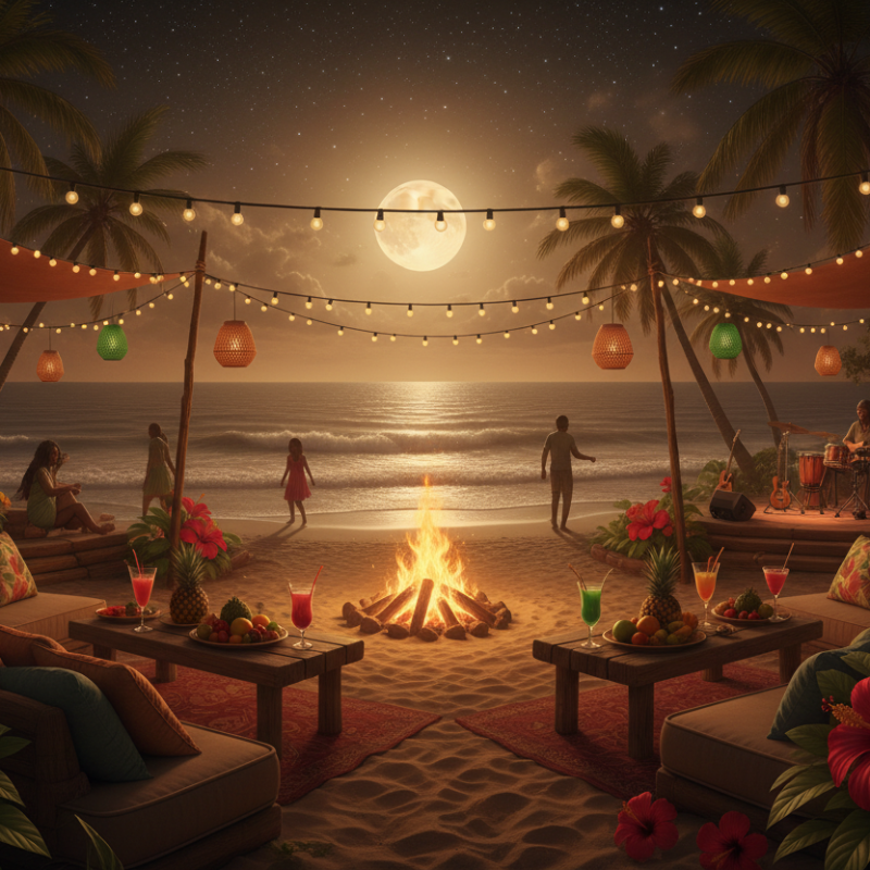 Beachside gathering with a bonfire, people, and string lights at sunset.