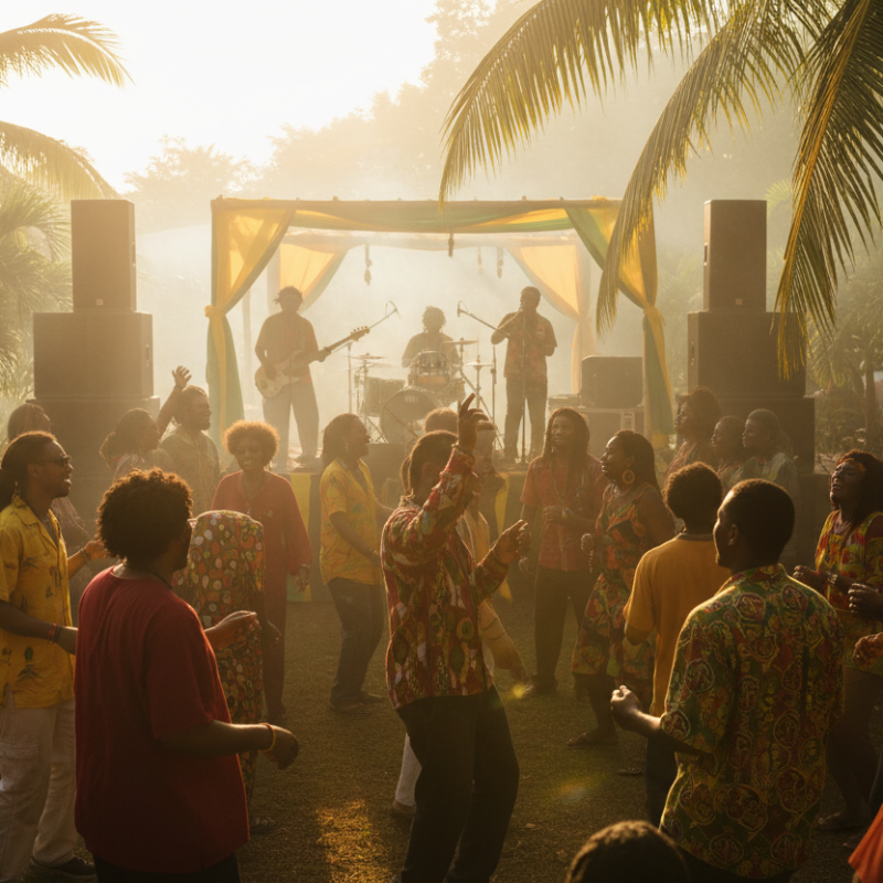 People dancing at a music festival with palm trees and stage lights in the background