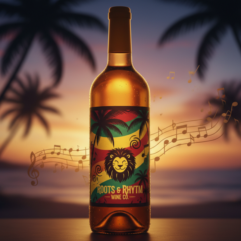 Bottle of Dots & Rhythm Wine Co. wine with a sunset and palm trees in the background