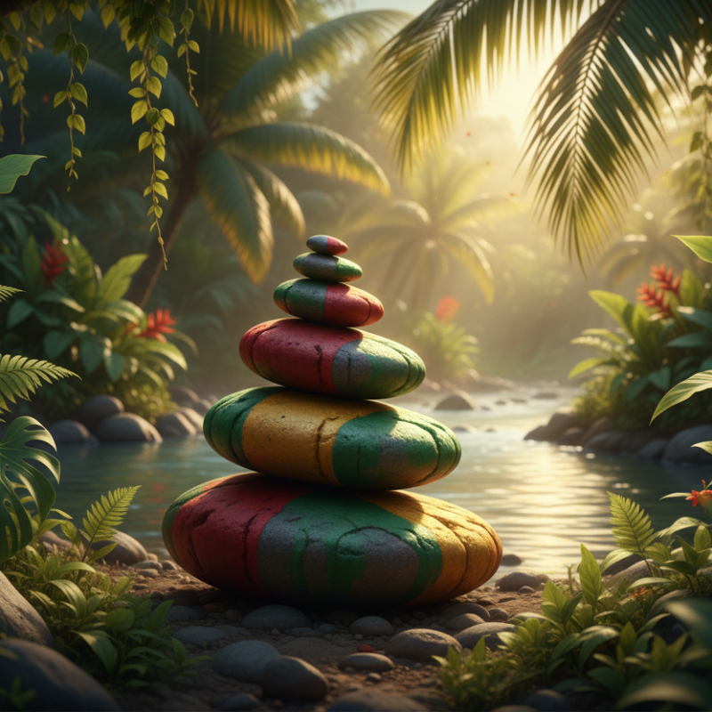 Colorful stone stack in a tropical setting with a stream and lush greenery.