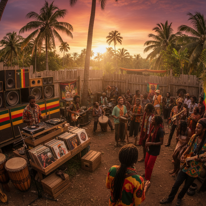 People gathered around a DJ setup with palm trees and sunset in the background