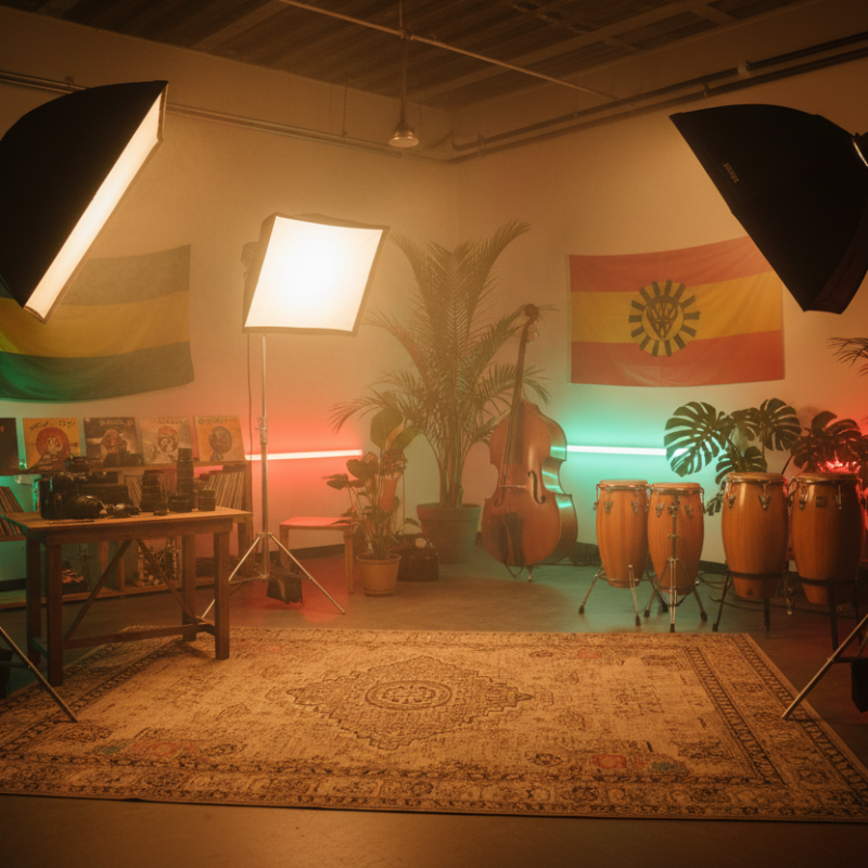 Studio setup with lighting equipment, plants, and musical instruments in a room.