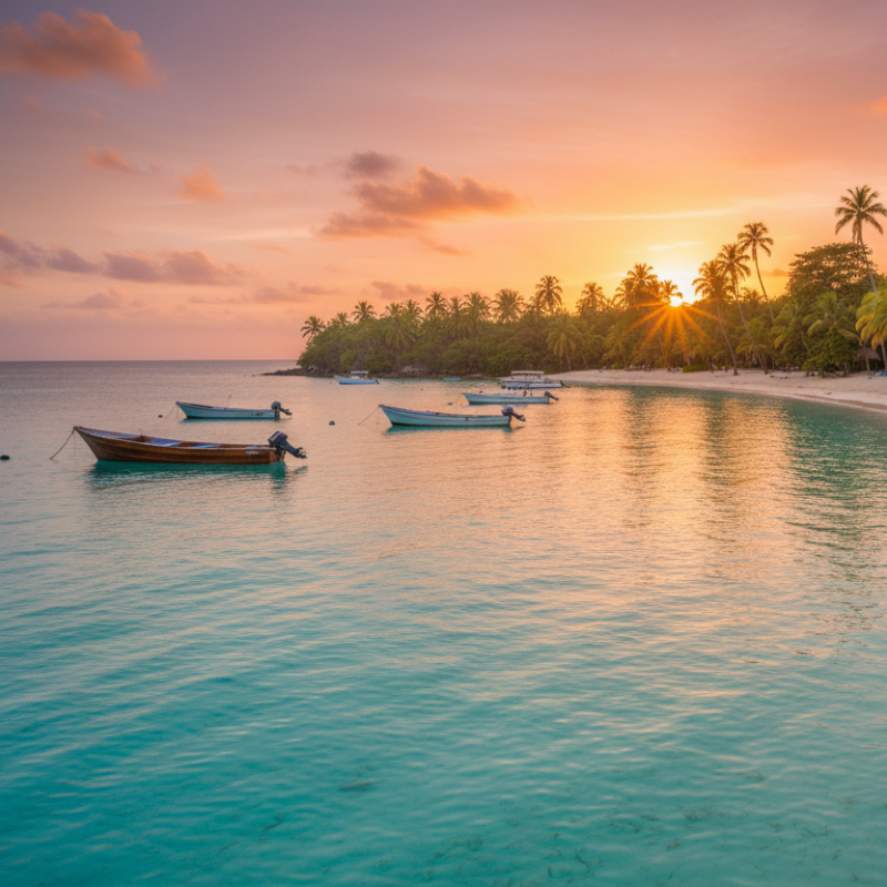 Beach scene with boats and palm trees at sunset