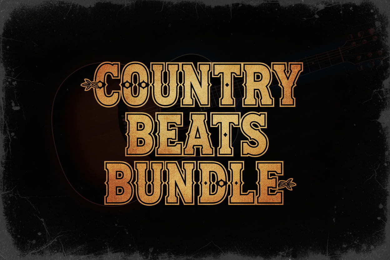 text: Country Beats Bundle, background: faded out guitar black background, rough edges,