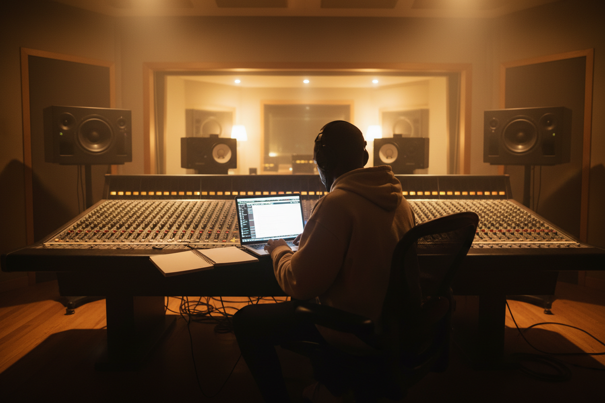 an artist (musical) writing a song in a studio, show the view from behind, no face, use cinematic lighting, pro photography