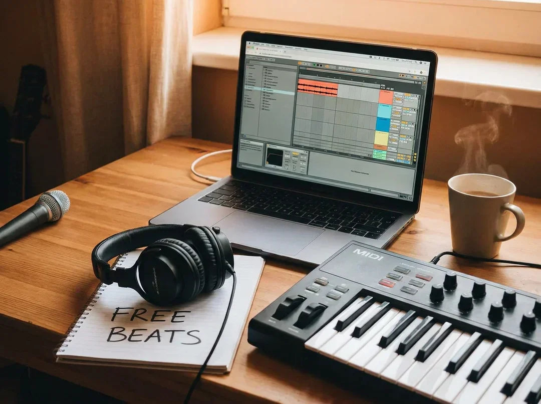 laptop with DAW on screen with headphones free beats and synthesizer