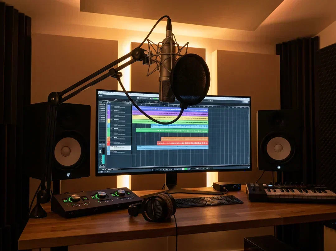 Professional vocal mixing setup with studio microphone, Pro Tools session, reference monitors, and vocal waveforms on screen