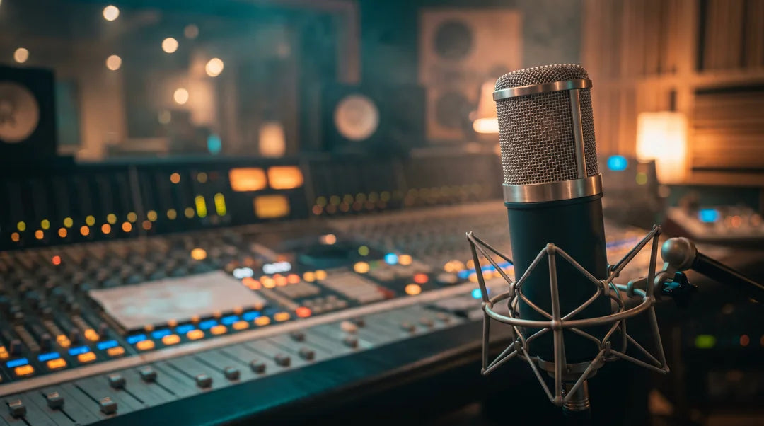 A studio with a mixing board dim light in a high end professional microphone for recording vocals