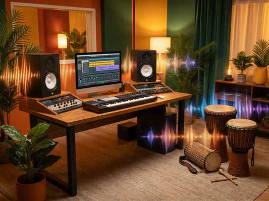 A modern Afrobeats production setup featuring traditional African percussion instruments, melodies, and digital music production tools.
